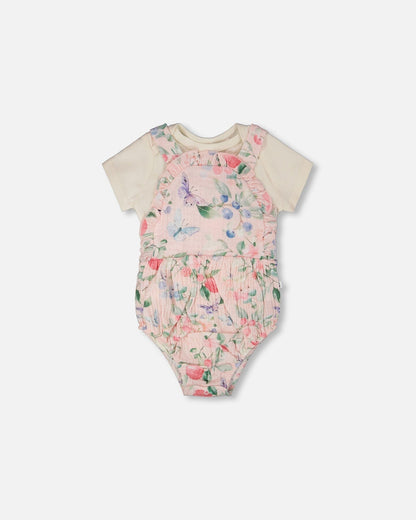 Organic Cotton Jersey Onesie And Muslin Overall Set White And Pink Printed Berries-0