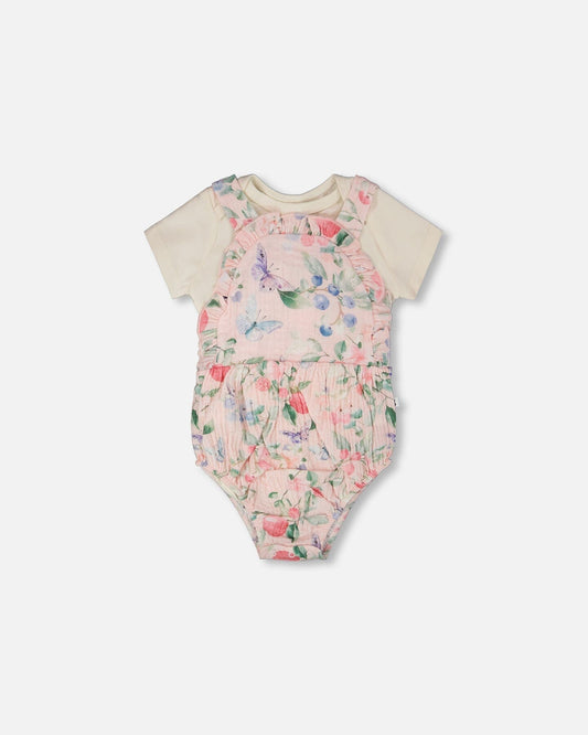 Organic Cotton Jersey Onesie And Muslin Overall Set White And Pink Printed Berries-0