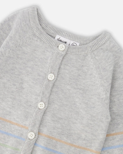 Cotton Knit Striped Button Front Cardigan Light Heather Grey-2