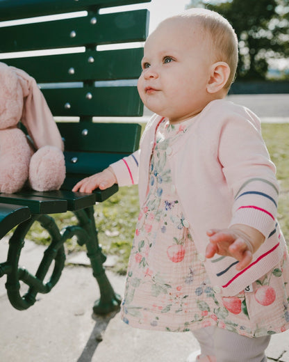 Cotton Knit Striped Button Front Cardigan Light Pink-1