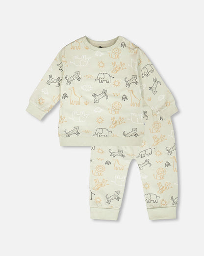 Organic Cotton Jersey Sweater And Pants Set Sage Green Animal Print-0