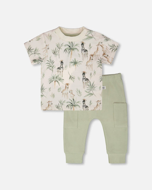 Organic Cotton Jersey T-Shirt And Cotton Rib Pants Set Beige Zebra Print And Sage Green-0