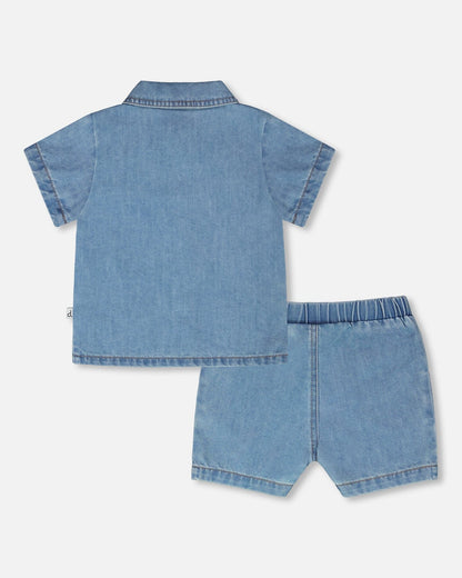 Light Blue Chambray Top And Short Set-2