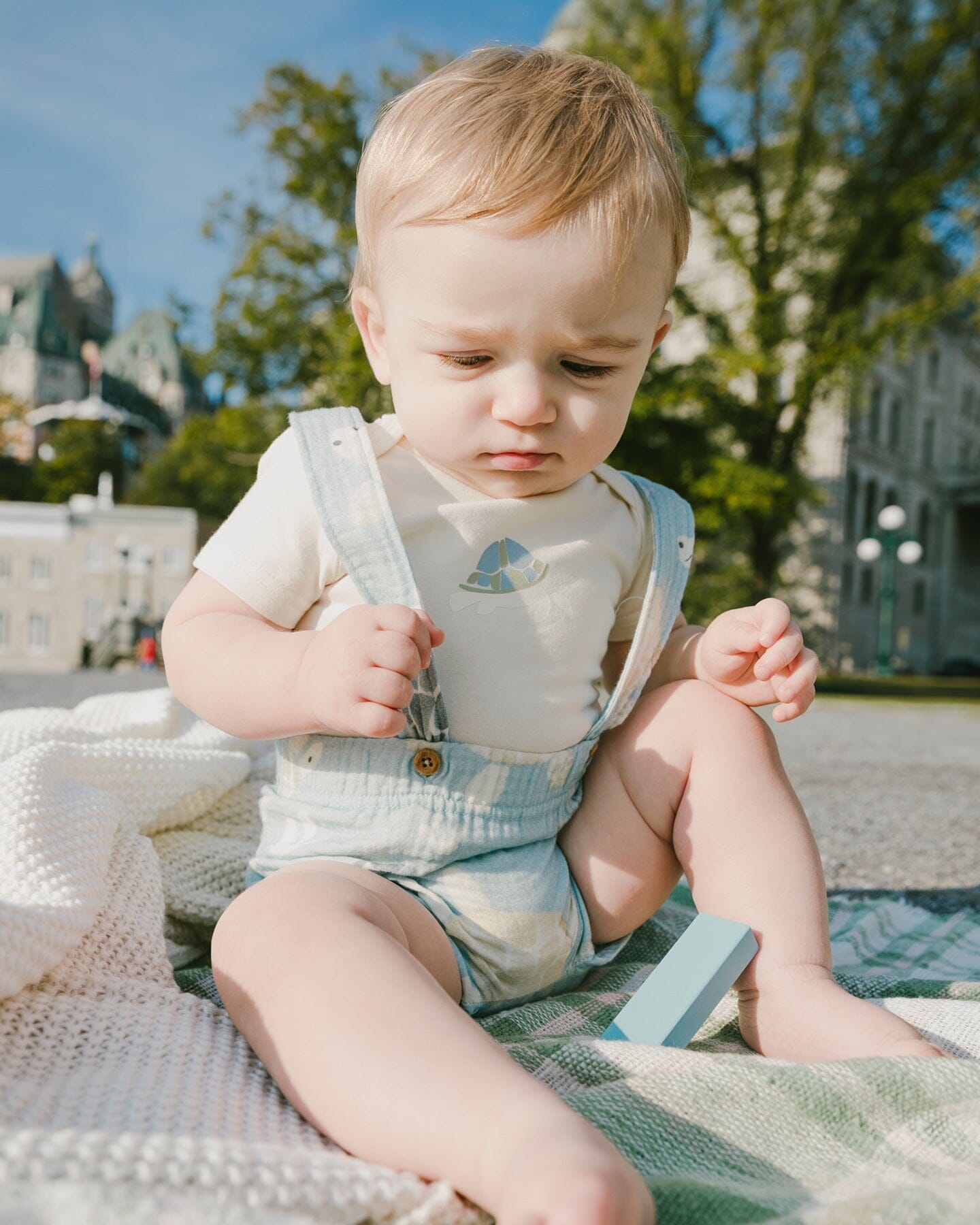 Organic Cotton Jersey Onesie And Muslin Shortall Set White And Blue Turtle Print-1