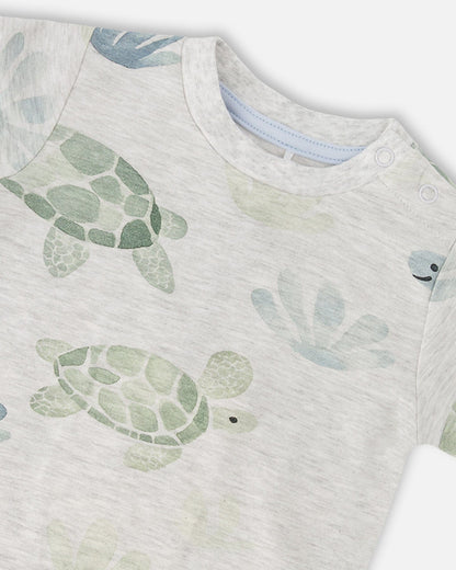 Jersey T-Shirt And Organic Cotton Jersey Shorts Set Grey Mix Turtle Print And Medium Blue-3