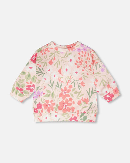 French Terry Sweatshirt Pink Printed Flowers-0