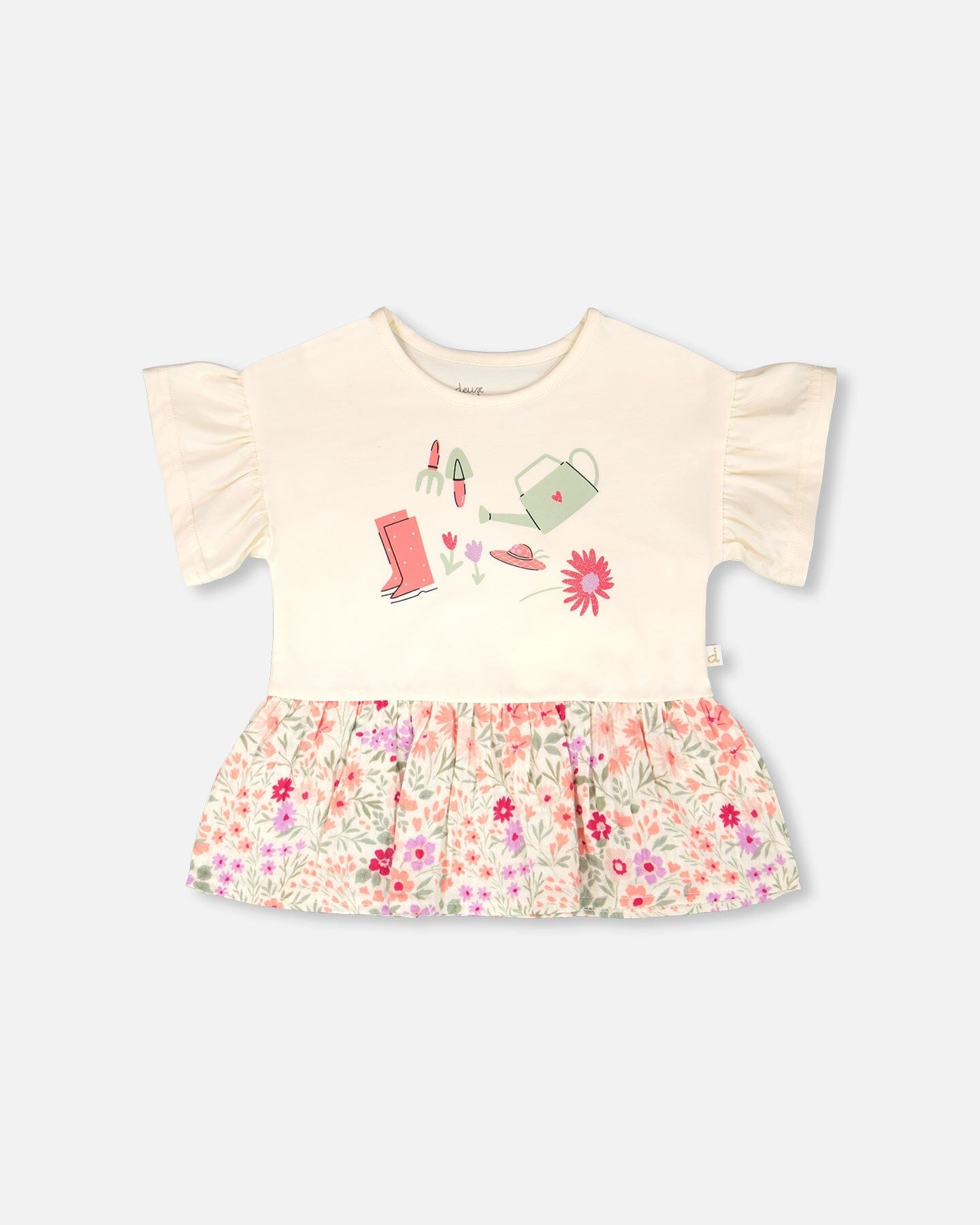 Organic Cotton Bi-Material Tunic Beige Flowers Print-0