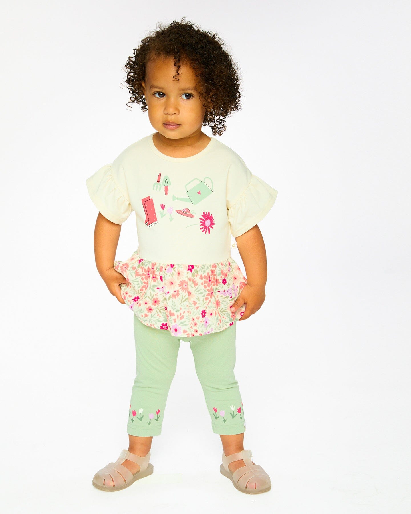 Organic Cotton Bi-Material Tunic Beige Flowers Print-2
