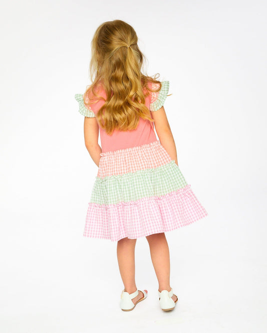 Organic Cotton Bi-Material Dress Coral And Gingham-1