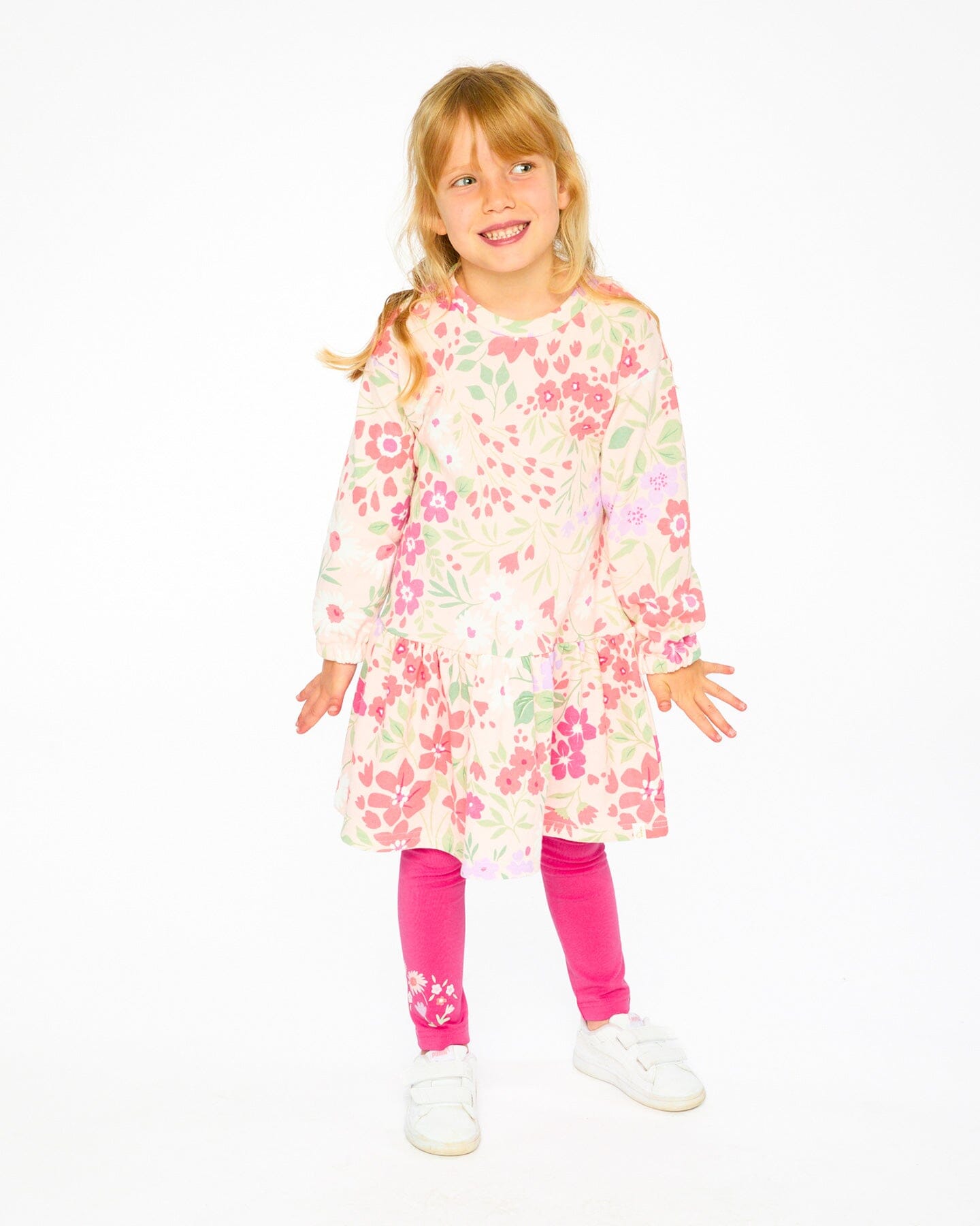 French Terry Dress Pink Printed Flowers-1