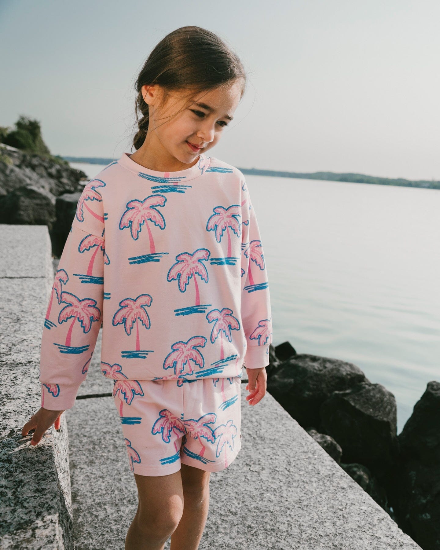 French Terry Sweatshirt Light Pink Palm Print-1