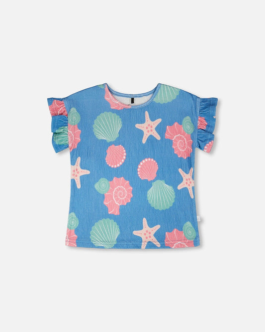 Crinkle Jersey T-Shirt Blue Shell Print-0