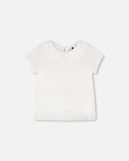 T-Shirt With Crochet Peter Pan Collar White-0