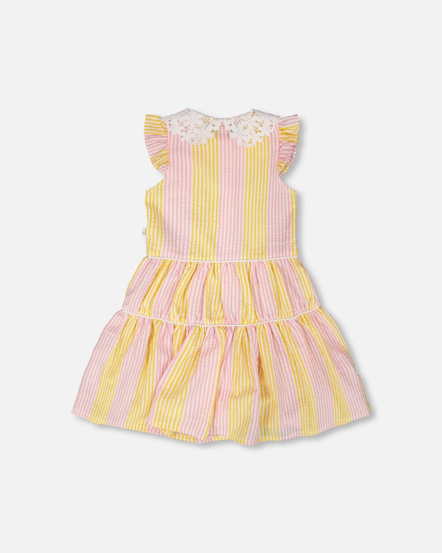 Sleeveless Dress With Crochet Peter Pan Collar Pink And Yellow Stripes-1