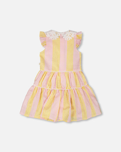 Sleeveless Dress With Crochet Peter Pan Collar Pink And Yellow Stripes-1