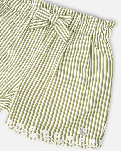 Shorts Green And Off White Stripes With Embroidery-3