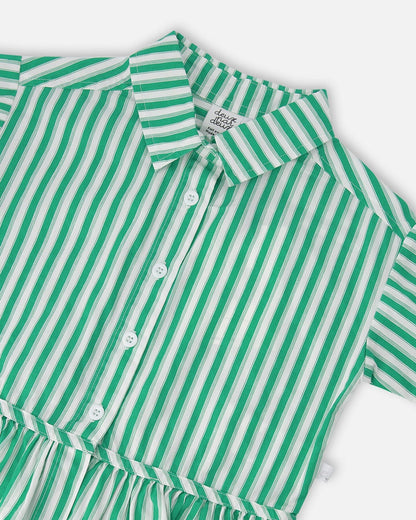 Short Sleeve Striped Button Down Shirt Green-3