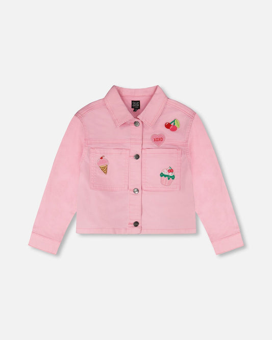 Pink Denim Jacket With Embroidered Patches-0