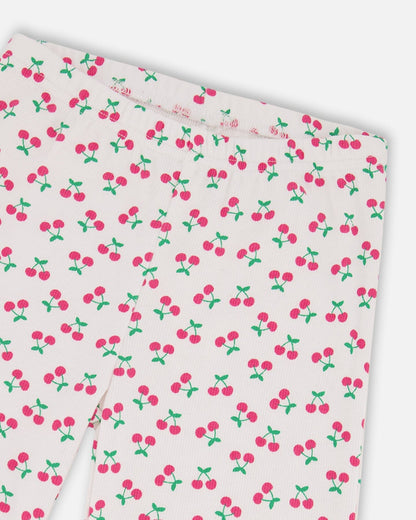 Rib Flare Leg Leggings White Printed Cherries-2