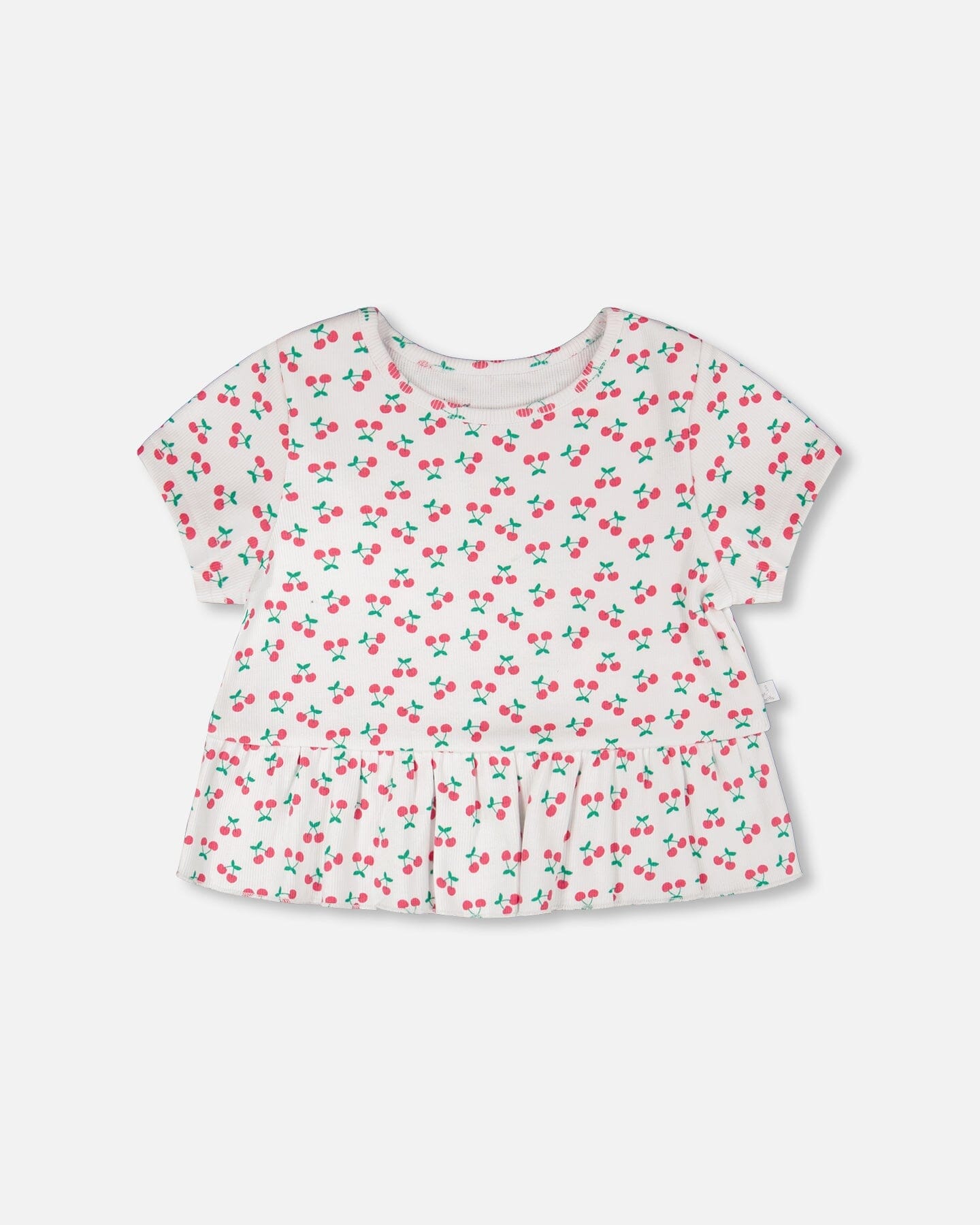 Rib Crop T-Shirt With Frill White Printed Cheeries-0
