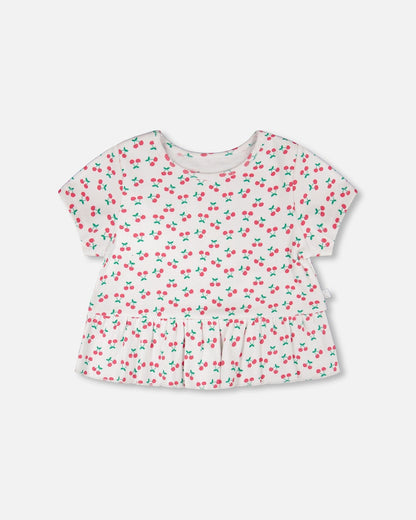 Rib Crop T-Shirt With Frill White Printed Cheeries-0