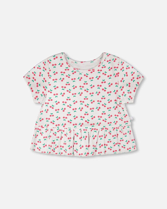 Rib Crop T-Shirt With Frill White Printed Cheeries-0
