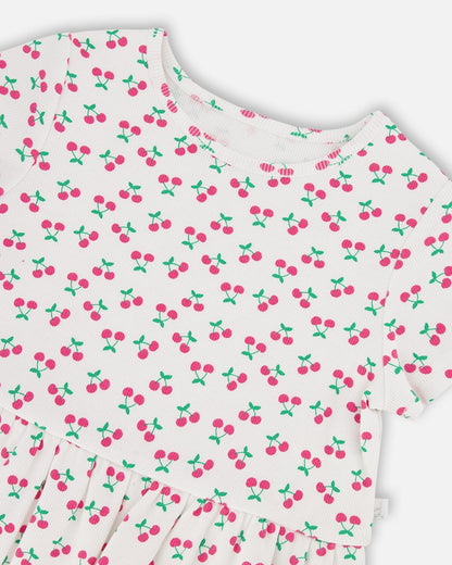 Rib Crop T-Shirt With Frill White Printed Cheeries-2