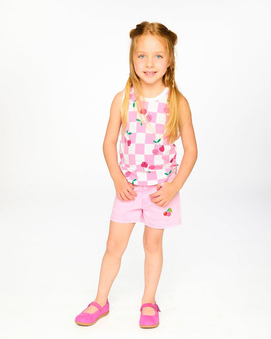 Organic Cotton Jersey Tank Top Pink Printed Cherries-1