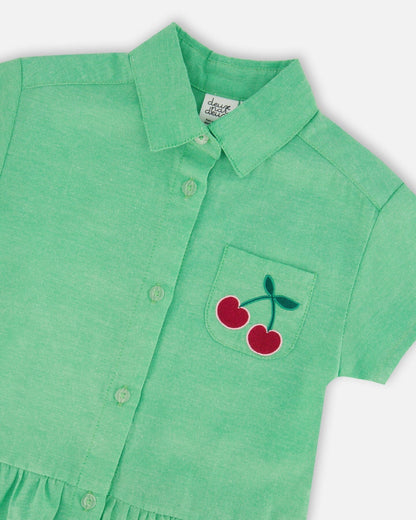 Cotton Shirt Dress With Embroidery Green-3