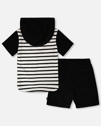 Hooded Terry T-Shirt With Shorts Set Black And White Stripes-3
