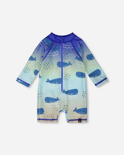 Baby And Toddlers One-Piece Long Sleeve Rashguard Blue Whale Print-0