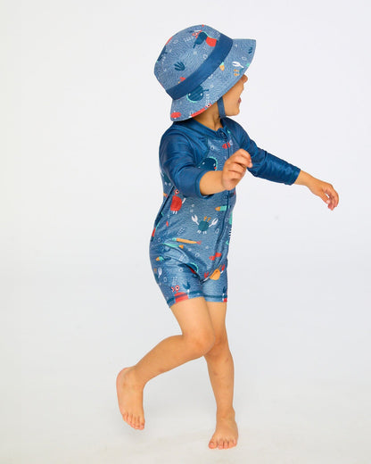 Baby And Toddler One-Piece Long Sleeve Rashguard Blue Printed Marine Animals-2
