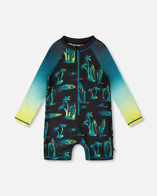 One-Piece Long Sleeve Rashguard Black Surf Print-0