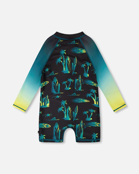 One-Piece Long Sleeve Rashguard Black Surf Print-1