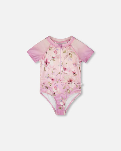 One-Piece Swimsuit Purple Flower Print-0