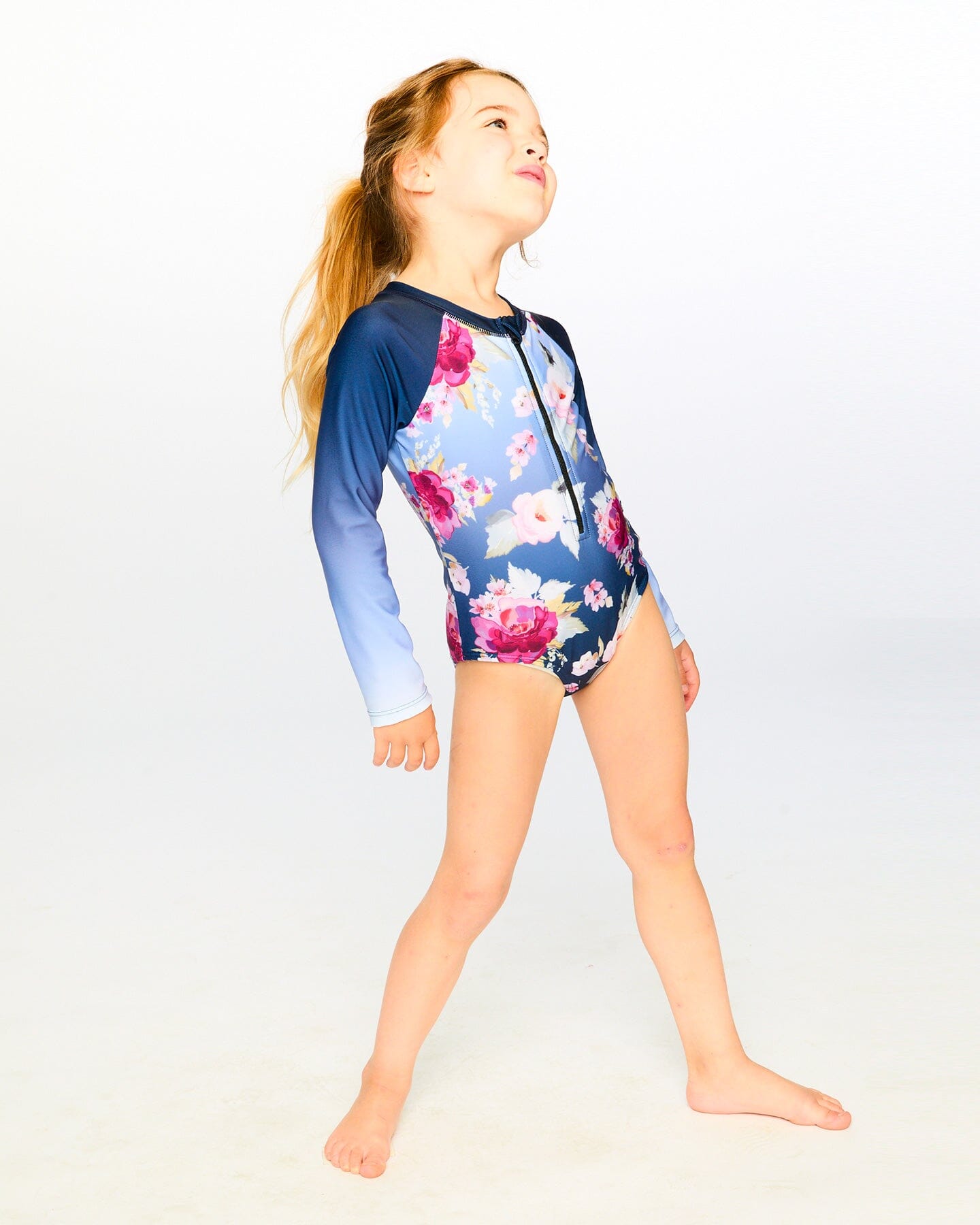 One-Piece Long Sleeve Rashguard Blue Rose Print-2