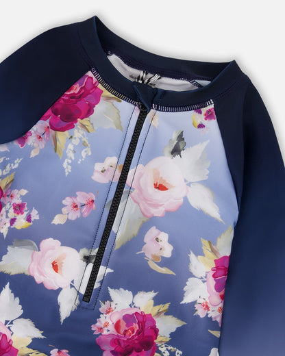 One-Piece Long Sleeve Rashguard Blue Rose Print-4