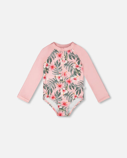 One-Piece Long Sleeve Rashguard Pink Hibiscus Print-0