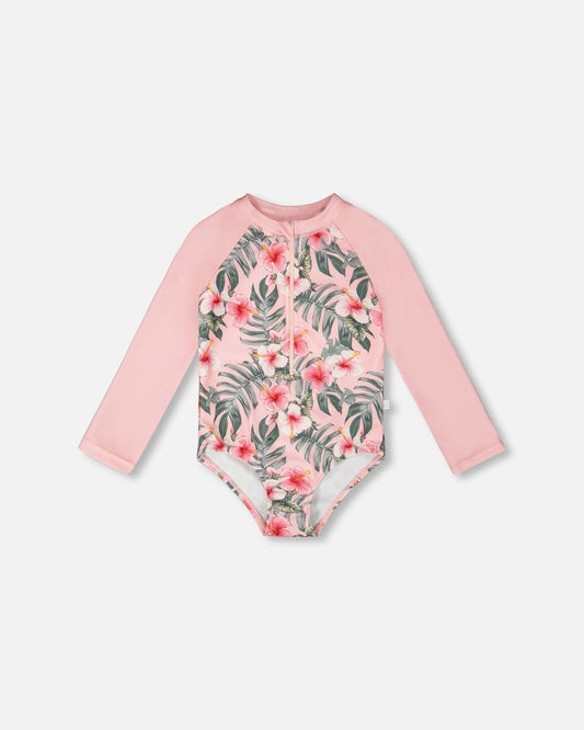 One-Piece Long Sleeve Rashguard Pink Hibiscus Print-0
