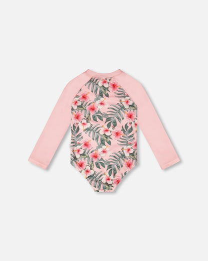 One-Piece Long Sleeve Rashguard Pink Hibiscus Print-3
