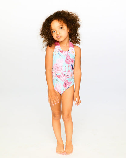 One-Piece Swimsuit Blue Flamingo Print-1