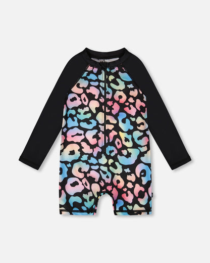 One-Piece Long Sleeve Rashguard Black Leopard Print-0