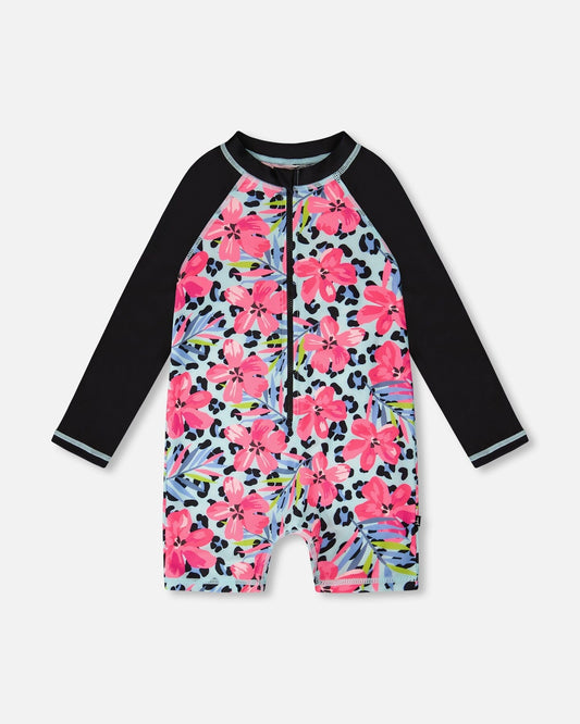 One-Piece Long Sleeve Rashguard Blue Floral And Leopard Print-0