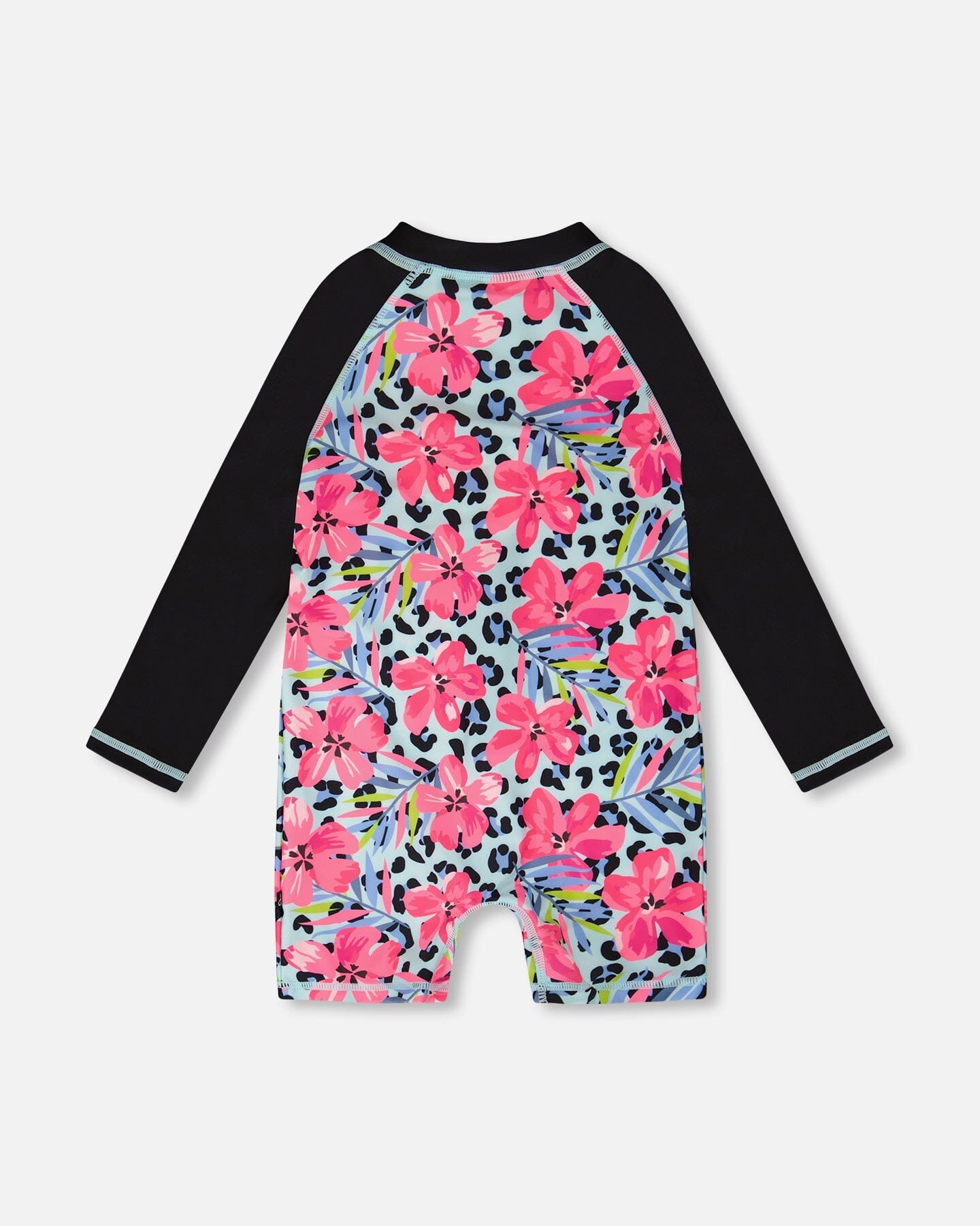 One-Piece Long Sleeve Rashguard Blue Floral And Leopard Print-1