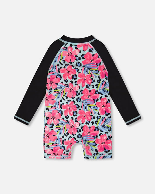 One-Piece Long Sleeve Rashguard Blue Floral And Leopard Print-1