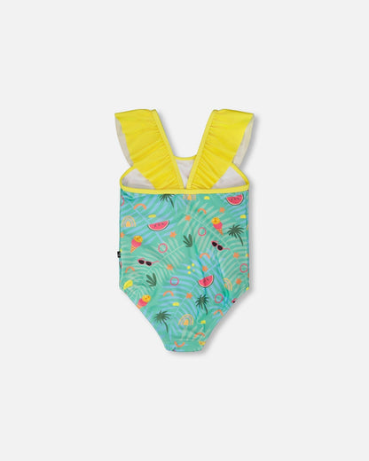 One-Piece Swimsuit Green Beach Print-2