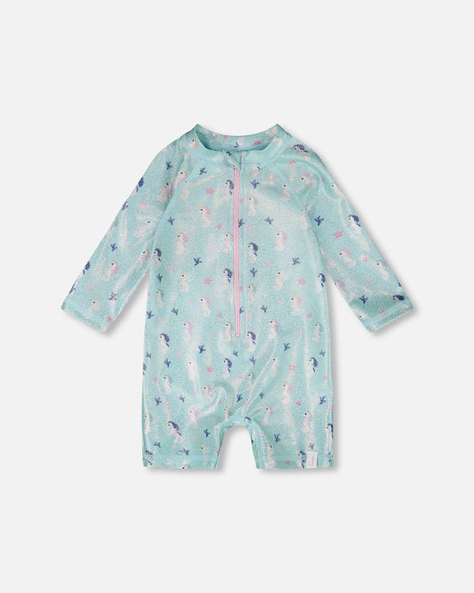 Baby And Toddler One-Piece Long Sleeve Rashguard Blue Seahorse Print-0