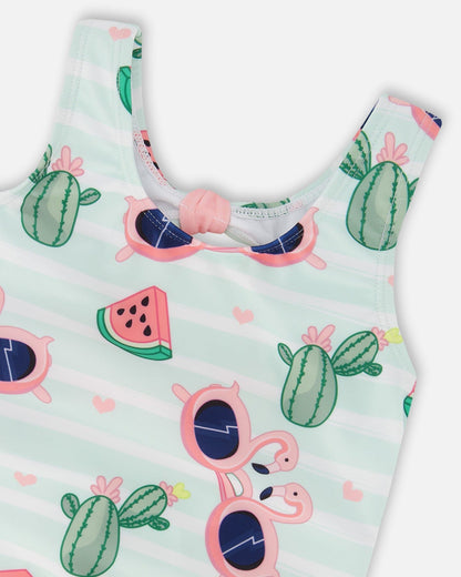 One-Piece Swimsuit Blue Flamingo And Cactus Print-3