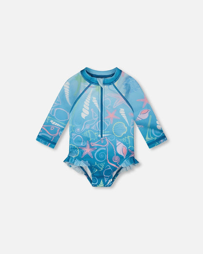 Baby And Toddler One-Piece Long Sleeve Rashguard Blue Shell Print-0