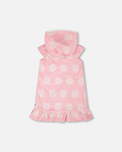 Terry Cloth Beach Hoodie Dress Pink Printed Flowers-2